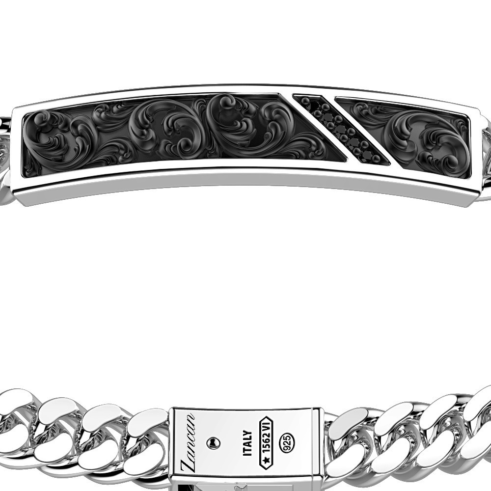 bracciale zancan in argento a grumetta con targa e pietre nere